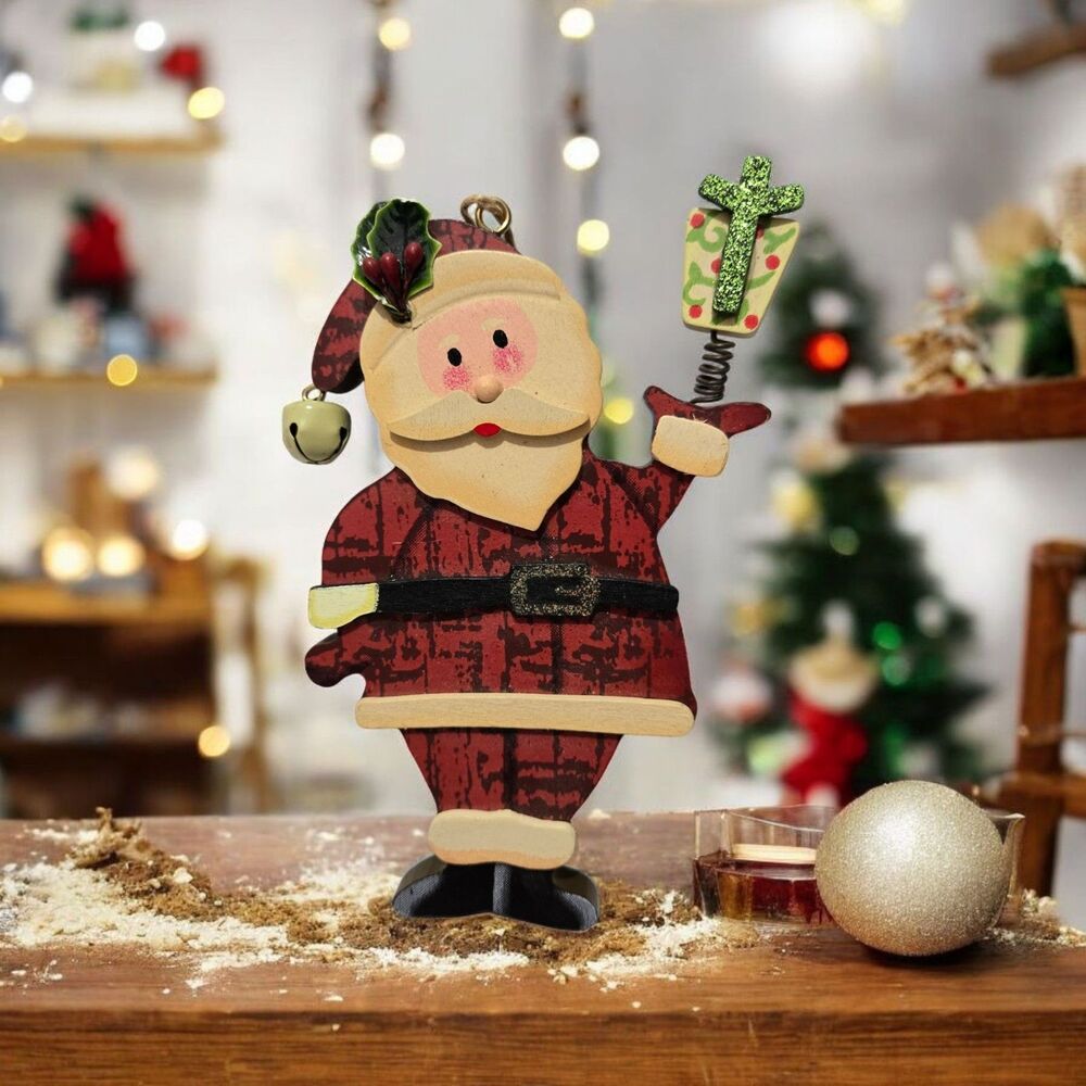 Santa Claus Christmas Ornament Wooden Bell On Cap Tree Decoration